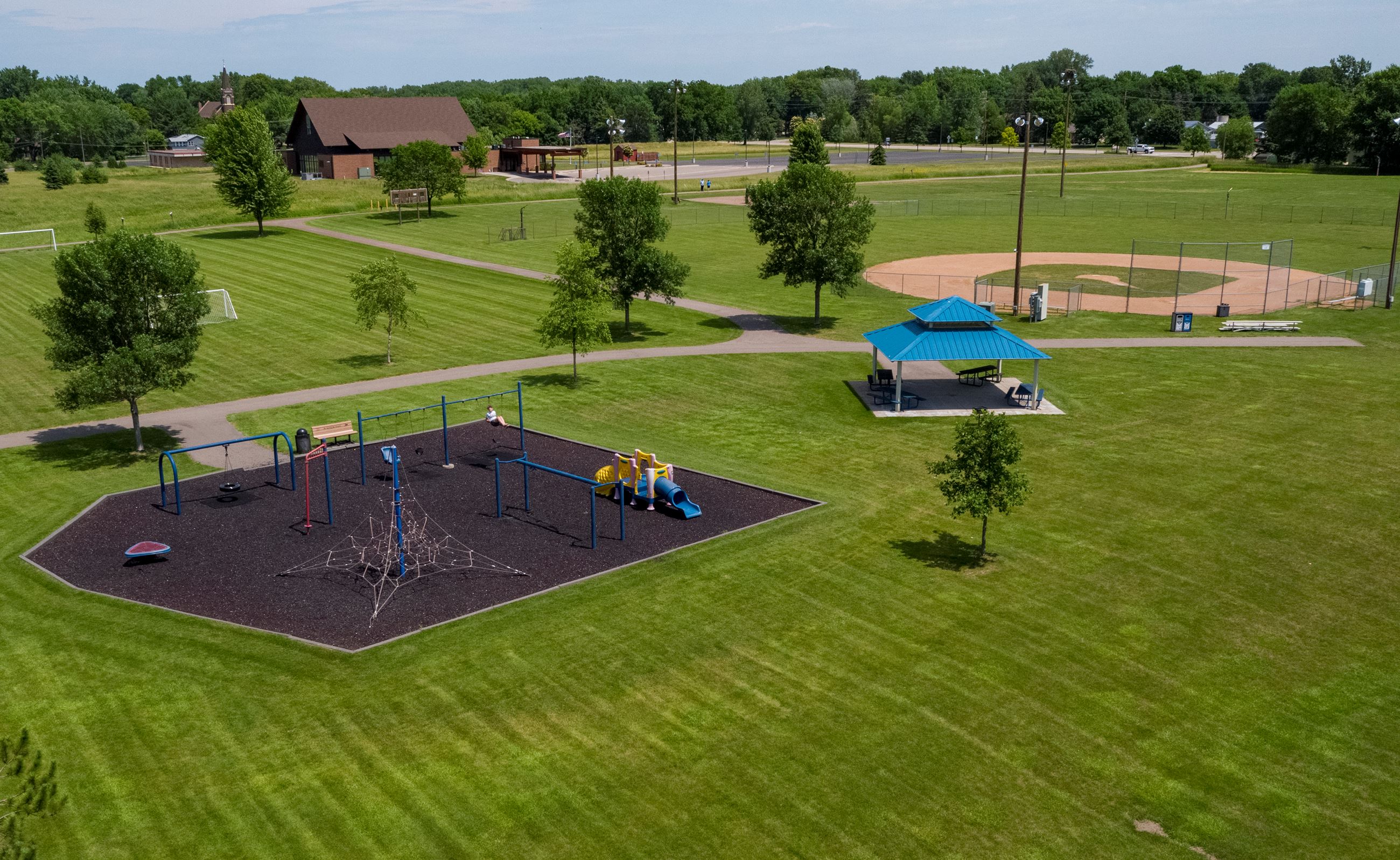 Aerial view of Laurie LaMotte park showing fields and amenities. 